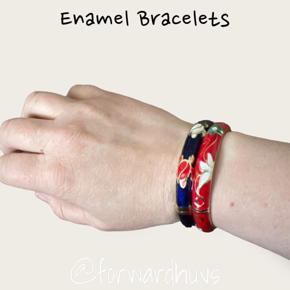 Vintage Enamel Hinge Bracelets: Turtle & Flower Theme